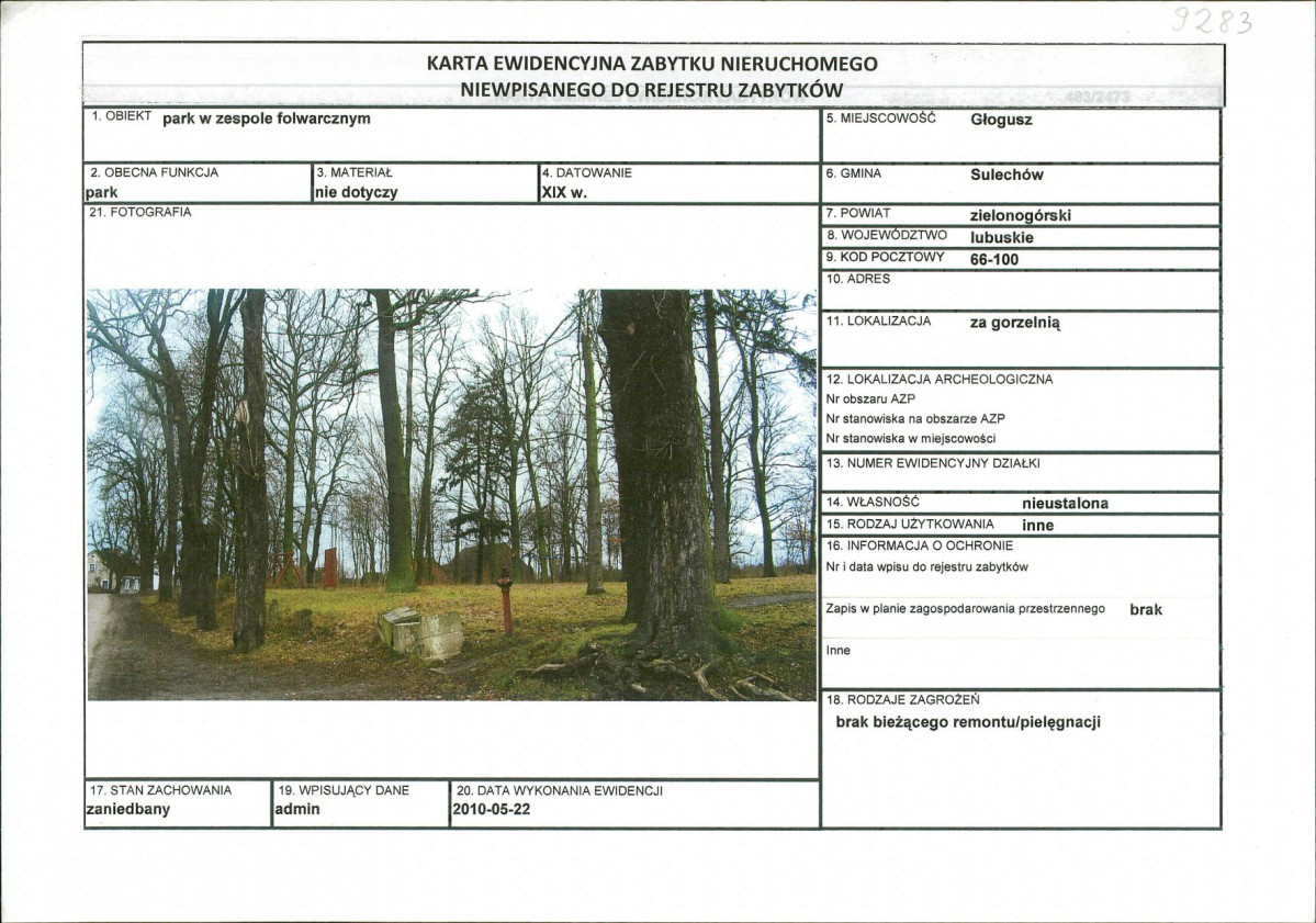 Karta obiektu niewpisanego do rejestru, skan nr 1