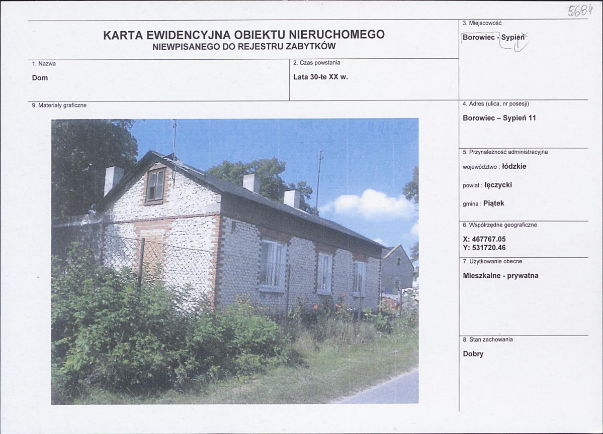 Karta obiektu niewpisanego do rejestru, skan nr 1