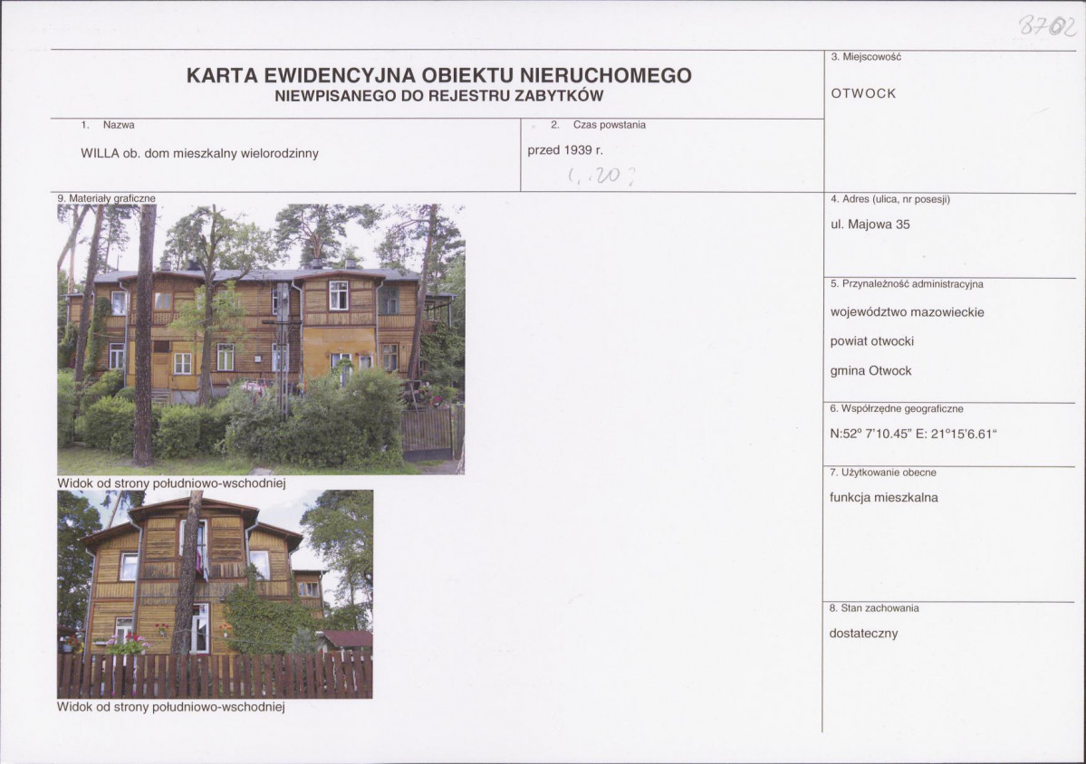Karta obiektu niewpisanego do rejestru, skan nr 1