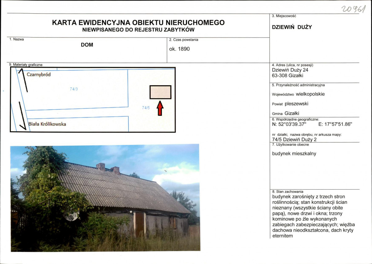 Karta obiektu niewpisanego do rejestru, skan nr 1