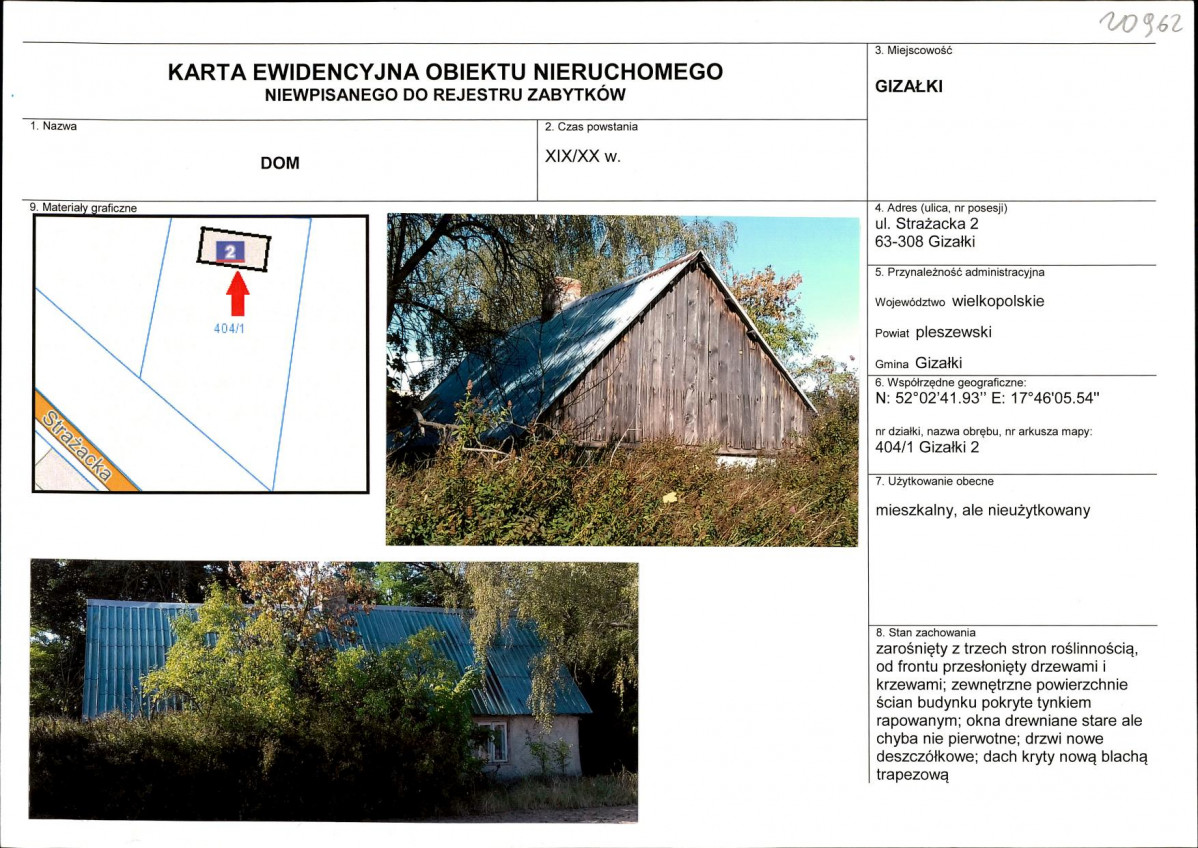 Karta obiektu niewpisanego do rejestru, skan nr 1
