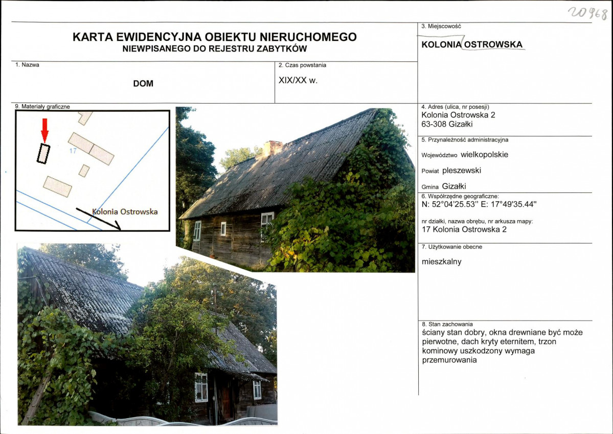 Karta obiektu niewpisanego do rejestru, skan nr 1