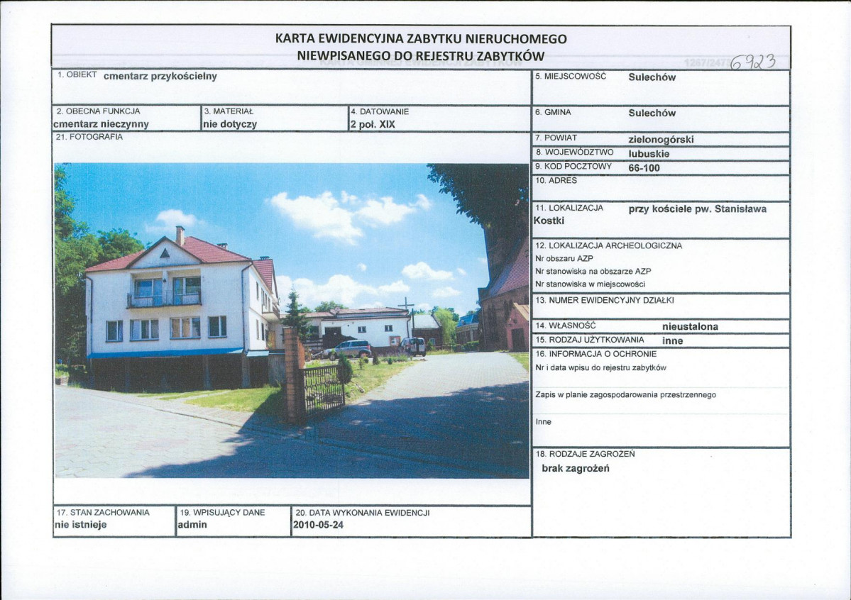 Karta obiektu niewpisanego do rejestru, skan nr 1