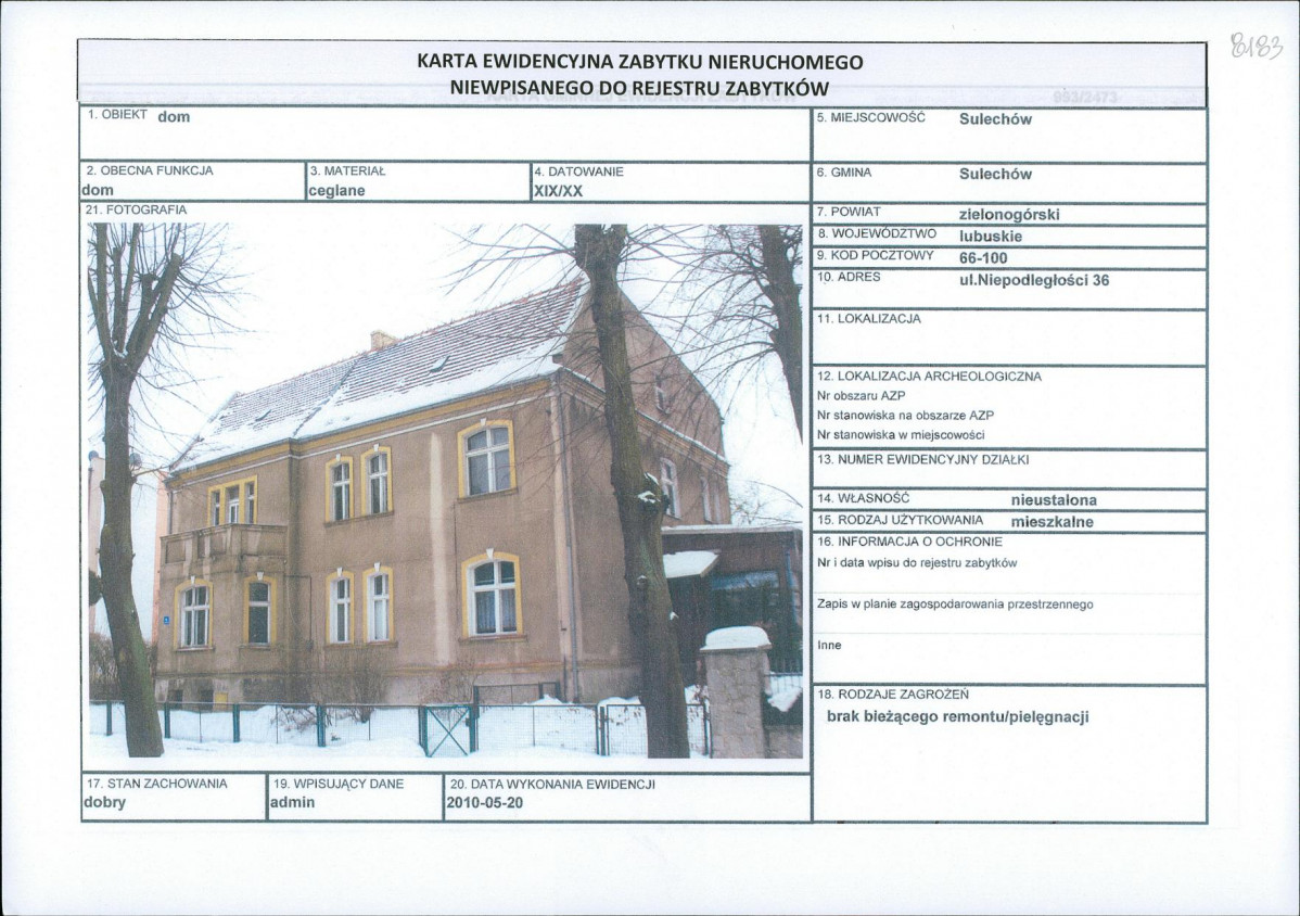 Karta obiektu niewpisanego do rejestru, skan nr 1