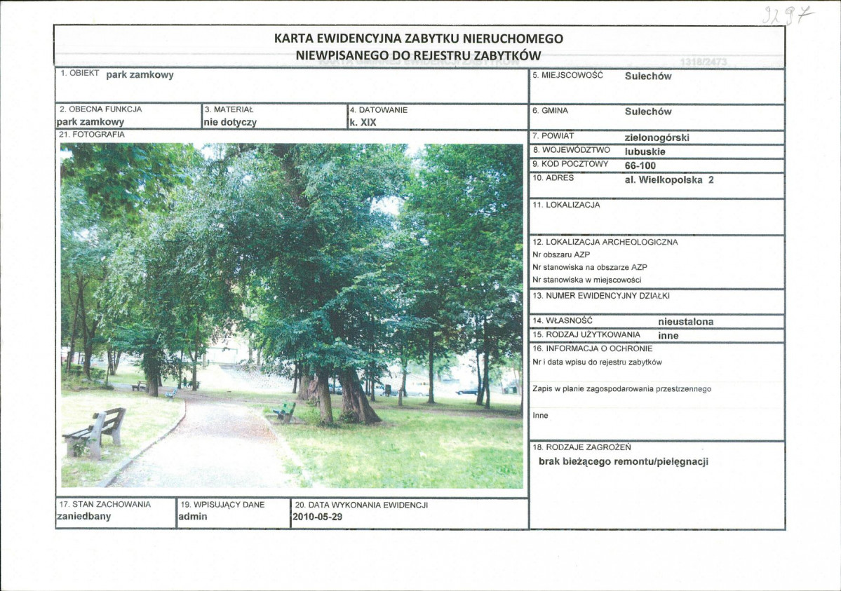 Karta obiektu niewpisanego do rejestru, skan nr 1