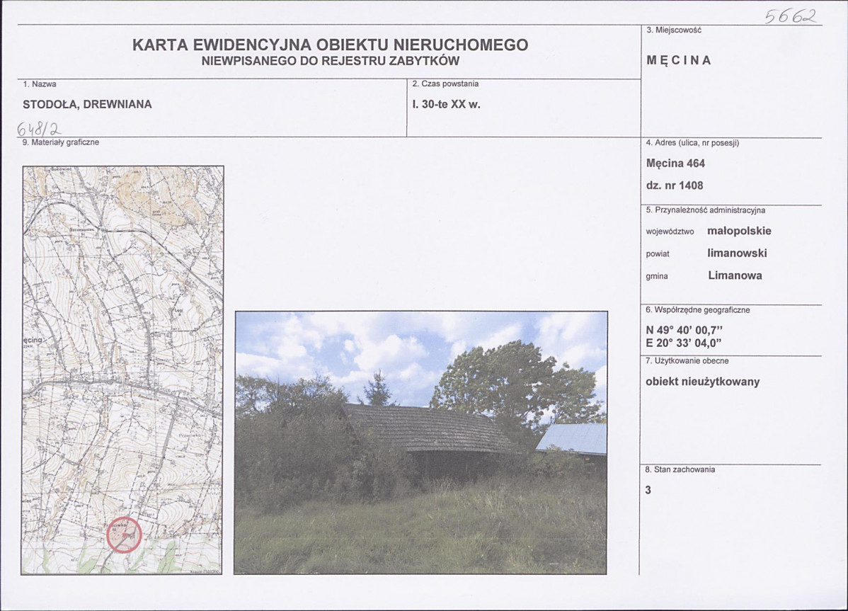 KEZN - Karta obiektu niewpisanego do rejestru, skan nr 1