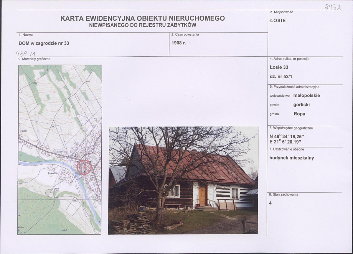 Karta obiektu niewpisanego do rejestru, skan nr 1