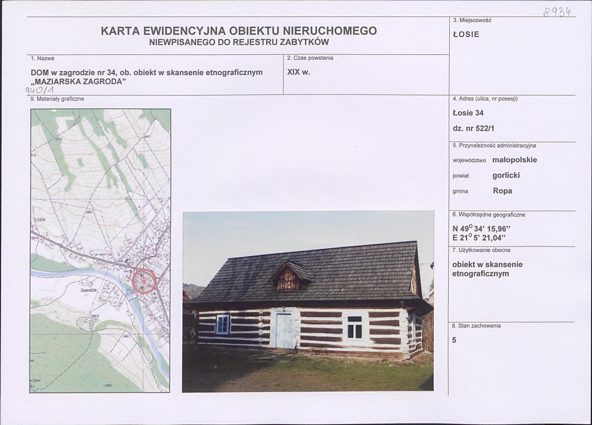 Karta obiektu niewpisanego do rejestru, skan nr 1