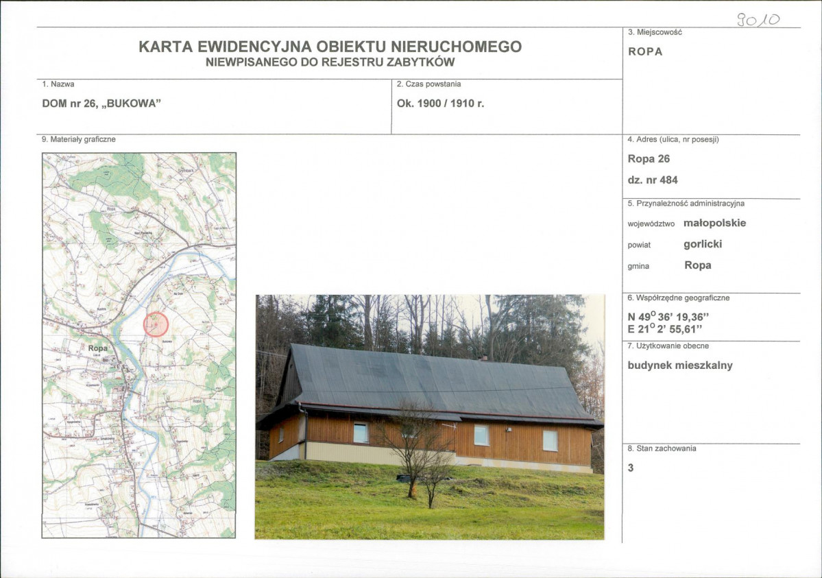 Karta obiektu niewpisanego do rejestru, skan nr 1