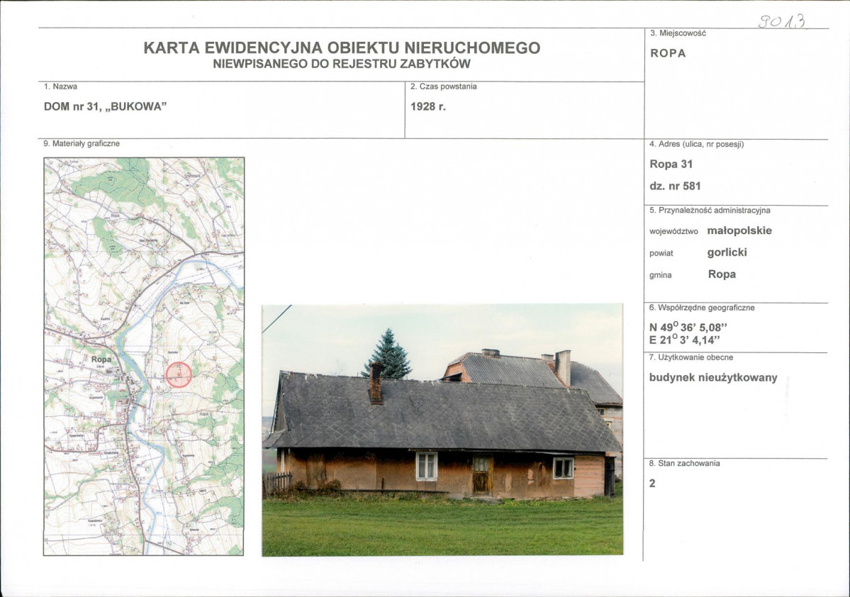 Karta obiektu niewpisanego do rejestru, skan nr 1
