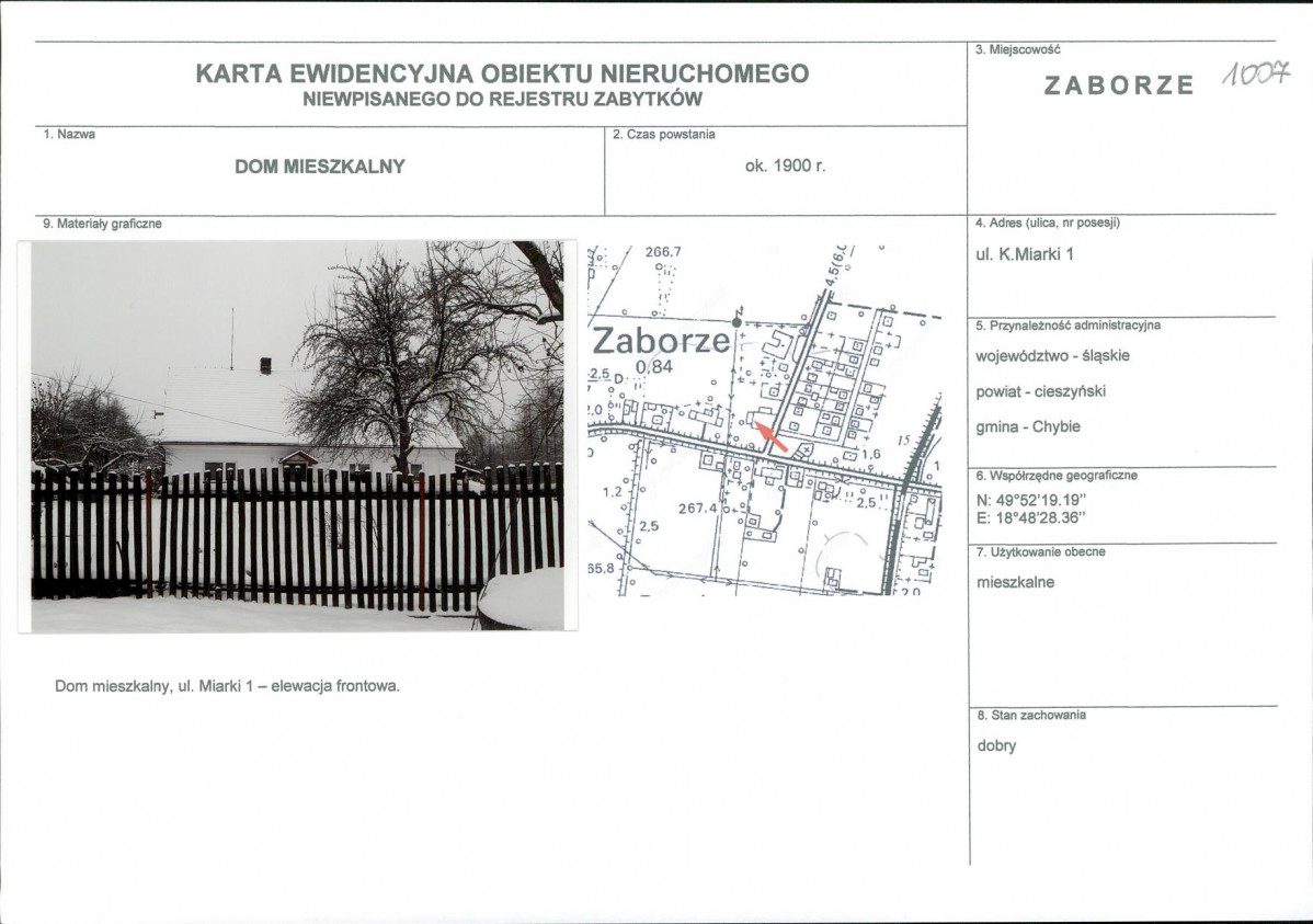 Karta obiektu niewpisanego do rejestru, skan nr 1