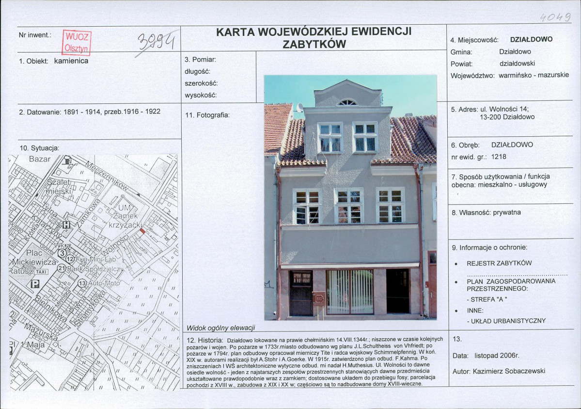Karta obiektu niewpisanego do rejestru, skan nr 1