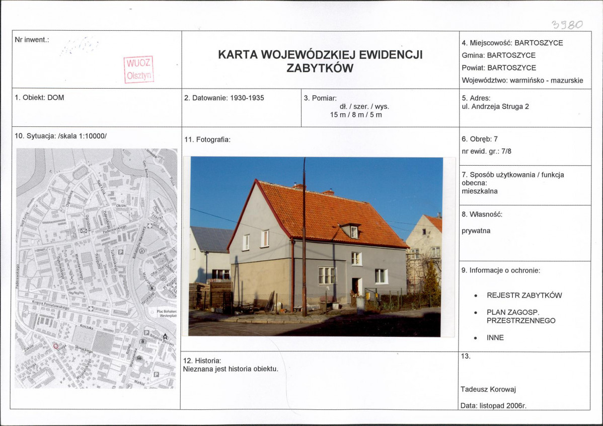 Karta obiektu niewpisanego do rejestru, skan nr 1