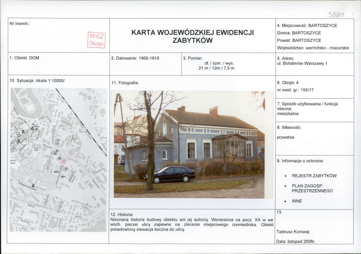 Karta obiektu niewpisanego do rejestru, skan nr 1