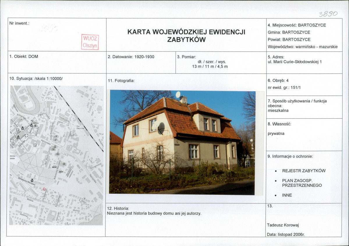 Karta obiektu niewpisanego do rejestru, skan nr 1