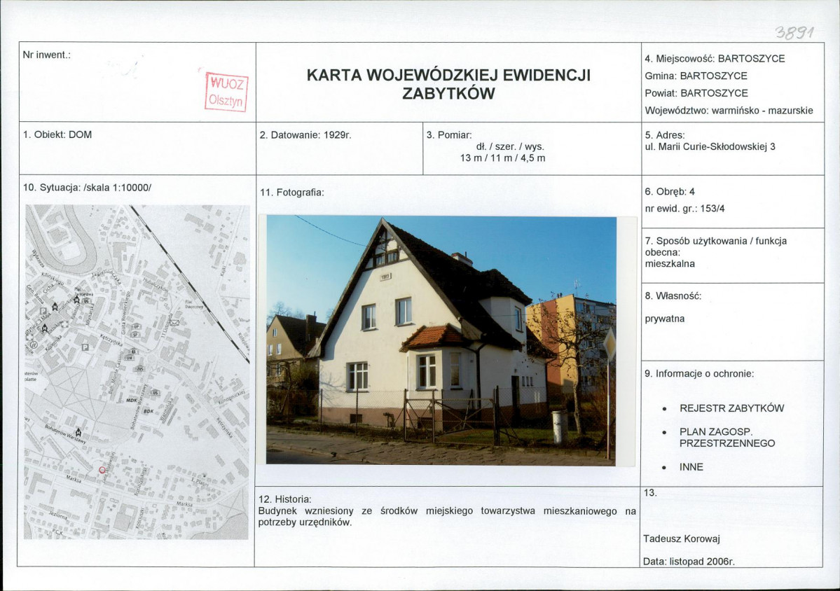 Karta obiektu niewpisanego do rejestru, skan nr 1