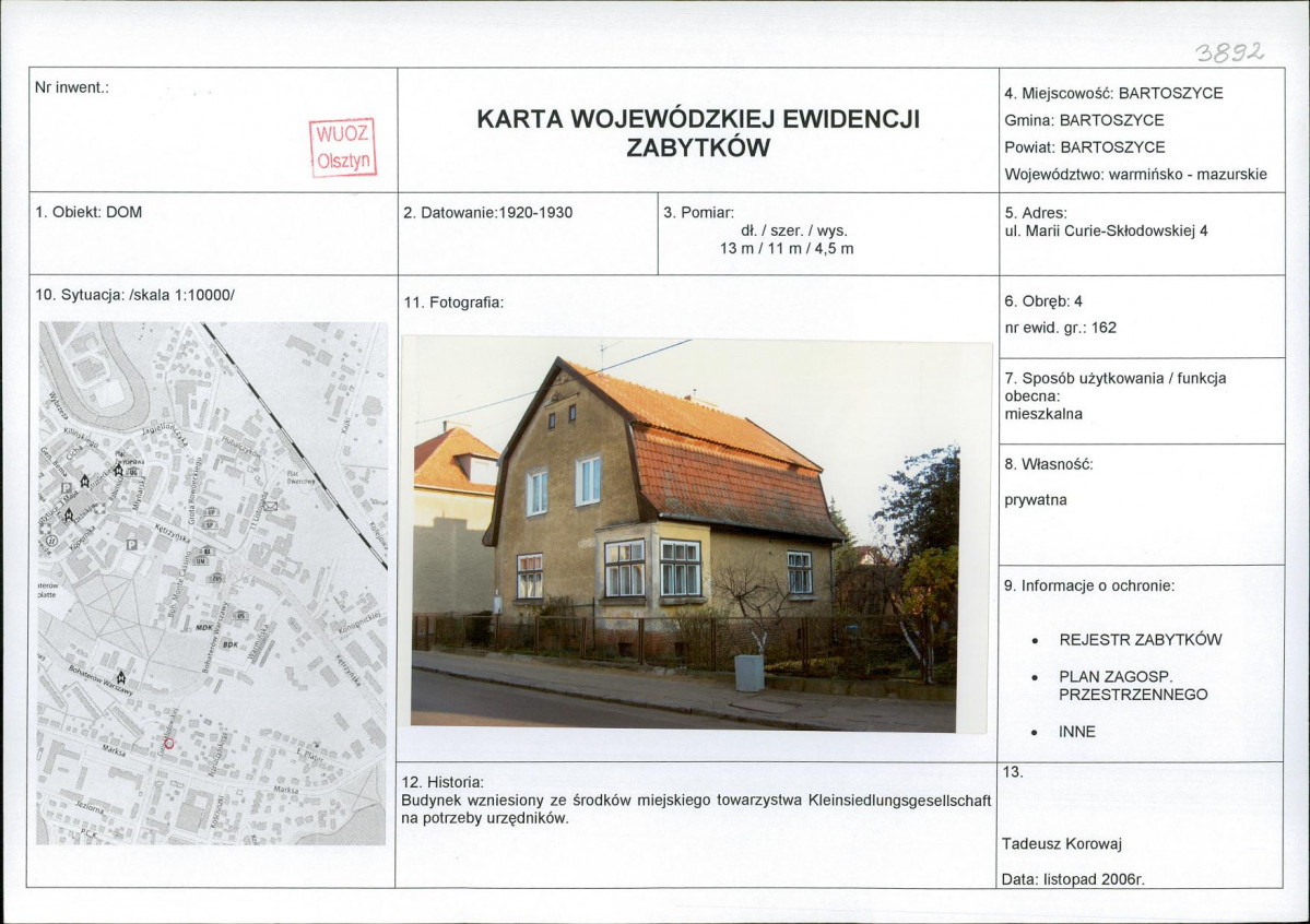 Karta obiektu niewpisanego do rejestru, skan nr 1