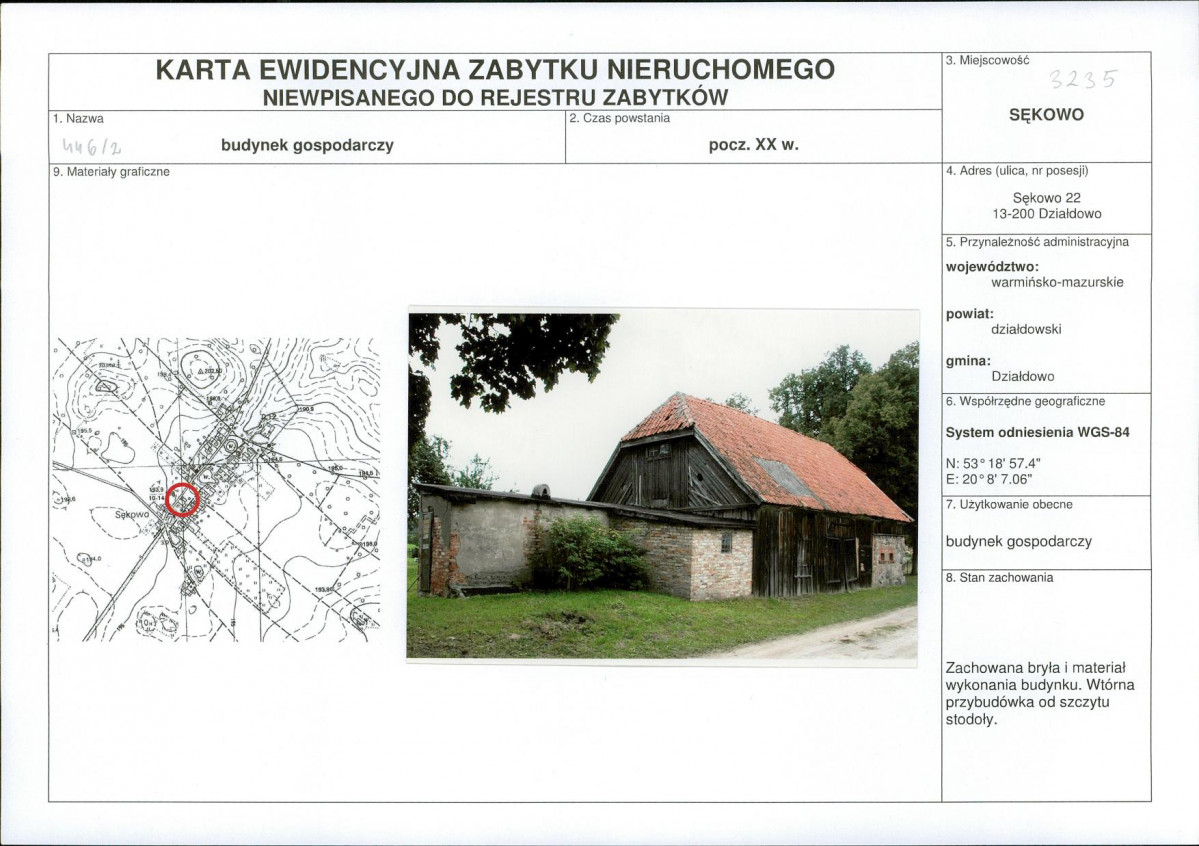 Karta obiektu niewpisanego do rejestru, skan nr 1
