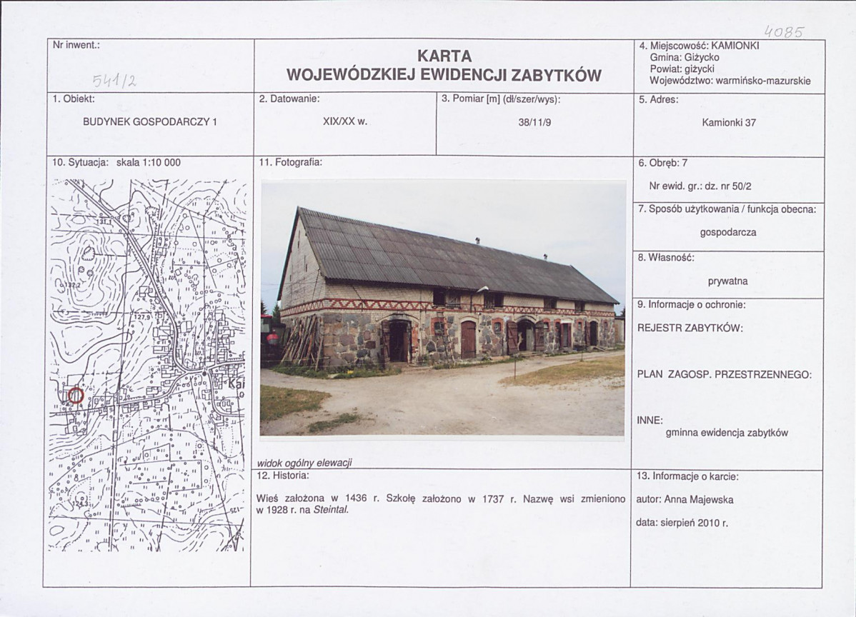 Karta obiektu niewpisanego do rejestru, skan nr 1