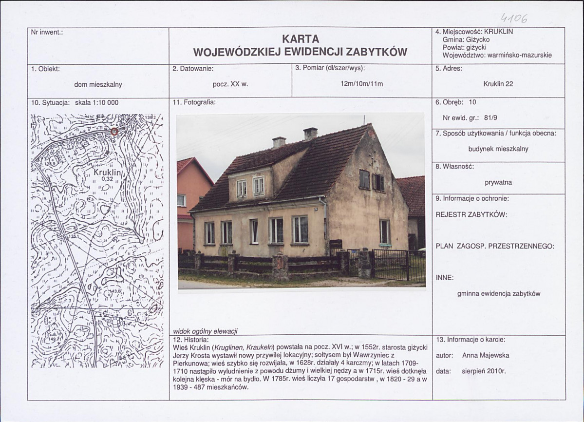 Karta obiektu niewpisanego do rejestru, skan nr 1