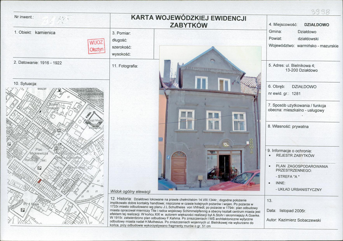 Karta obiektu niewpisanego do rejestru, skan nr 1