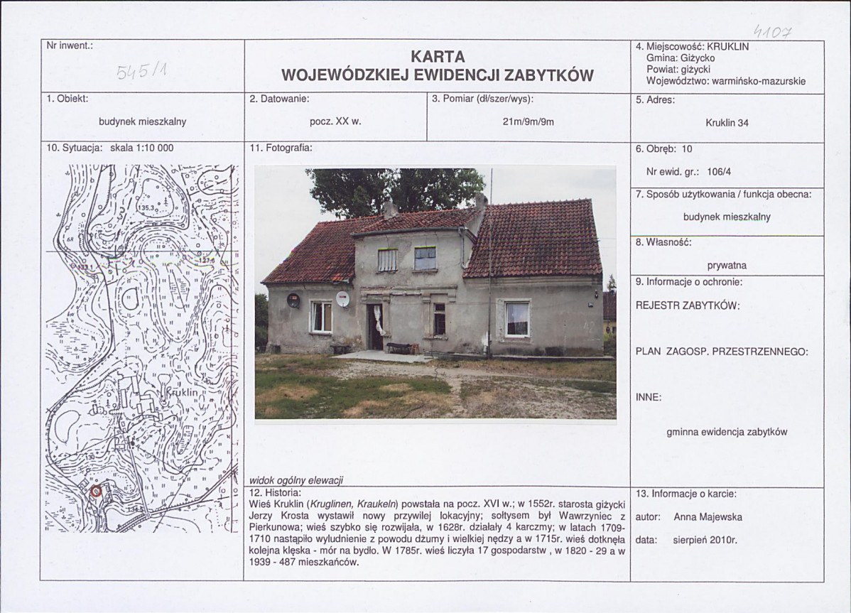 Karta obiektu niewpisanego do rejestru, skan nr 1