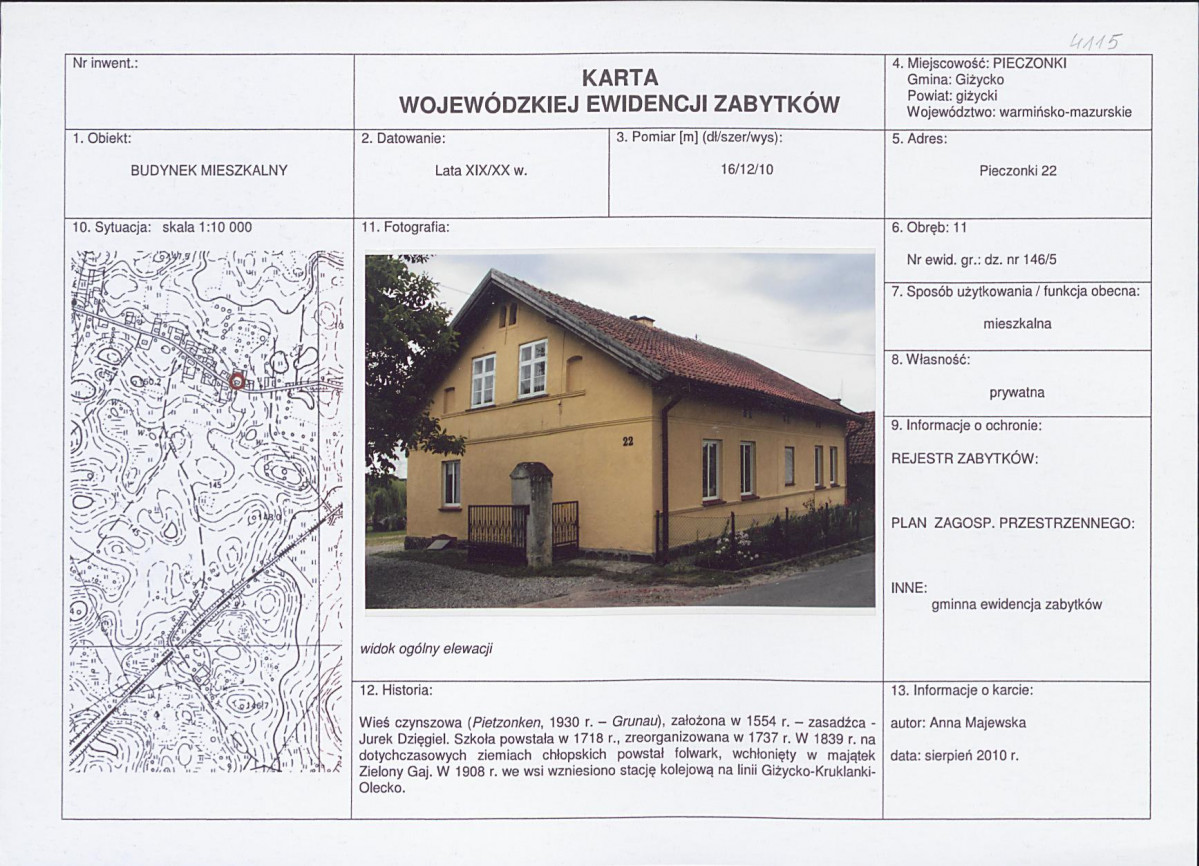 Karta obiektu niewpisanego do rejestru, skan nr 1