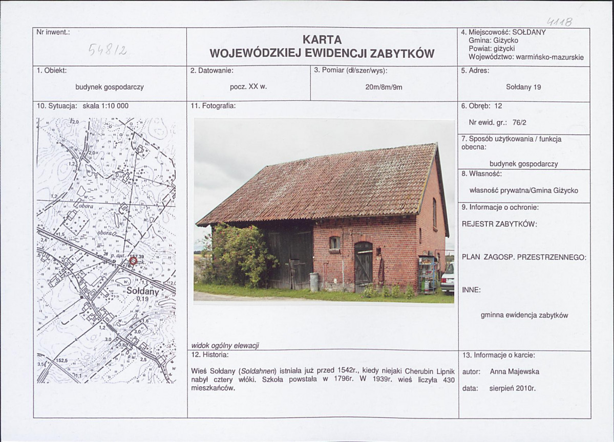 Karta obiektu niewpisanego do rejestru, skan nr 1