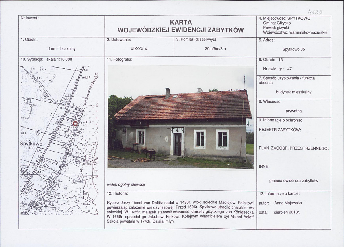 Karta obiektu niewpisanego do rejestru, skan nr 1
