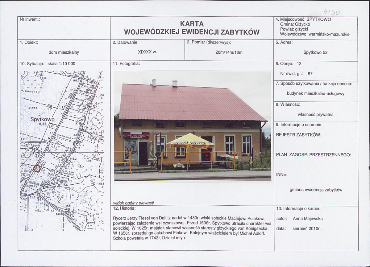 Karta obiektu niewpisanego do rejestru, skan nr 1