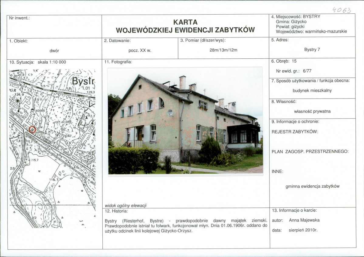 Karta obiektu niewpisanego do rejestru, skan nr 1
