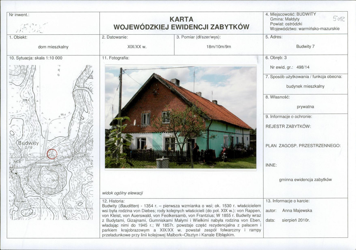 Karta obiektu niewpisanego do rejestru, skan nr 1