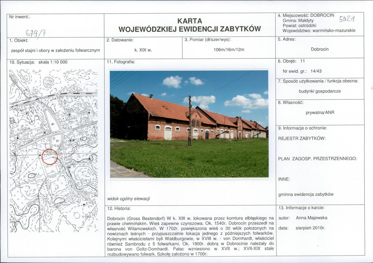 Karta obiektu niewpisanego do rejestru, skan nr 1