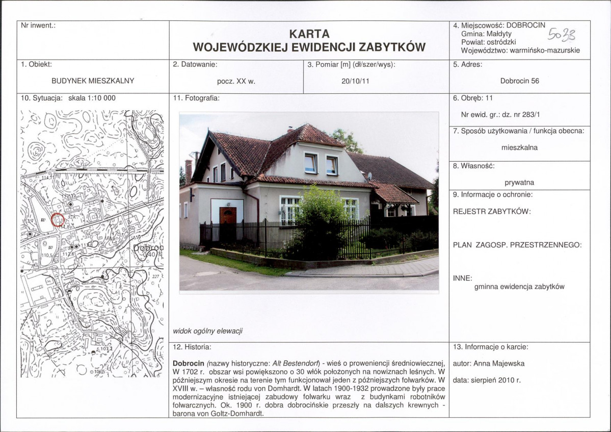 Karta obiektu niewpisanego do rejestru, skan nr 1