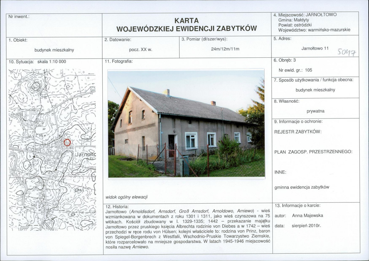 Karta obiektu niewpisanego do rejestru, skan nr 1
