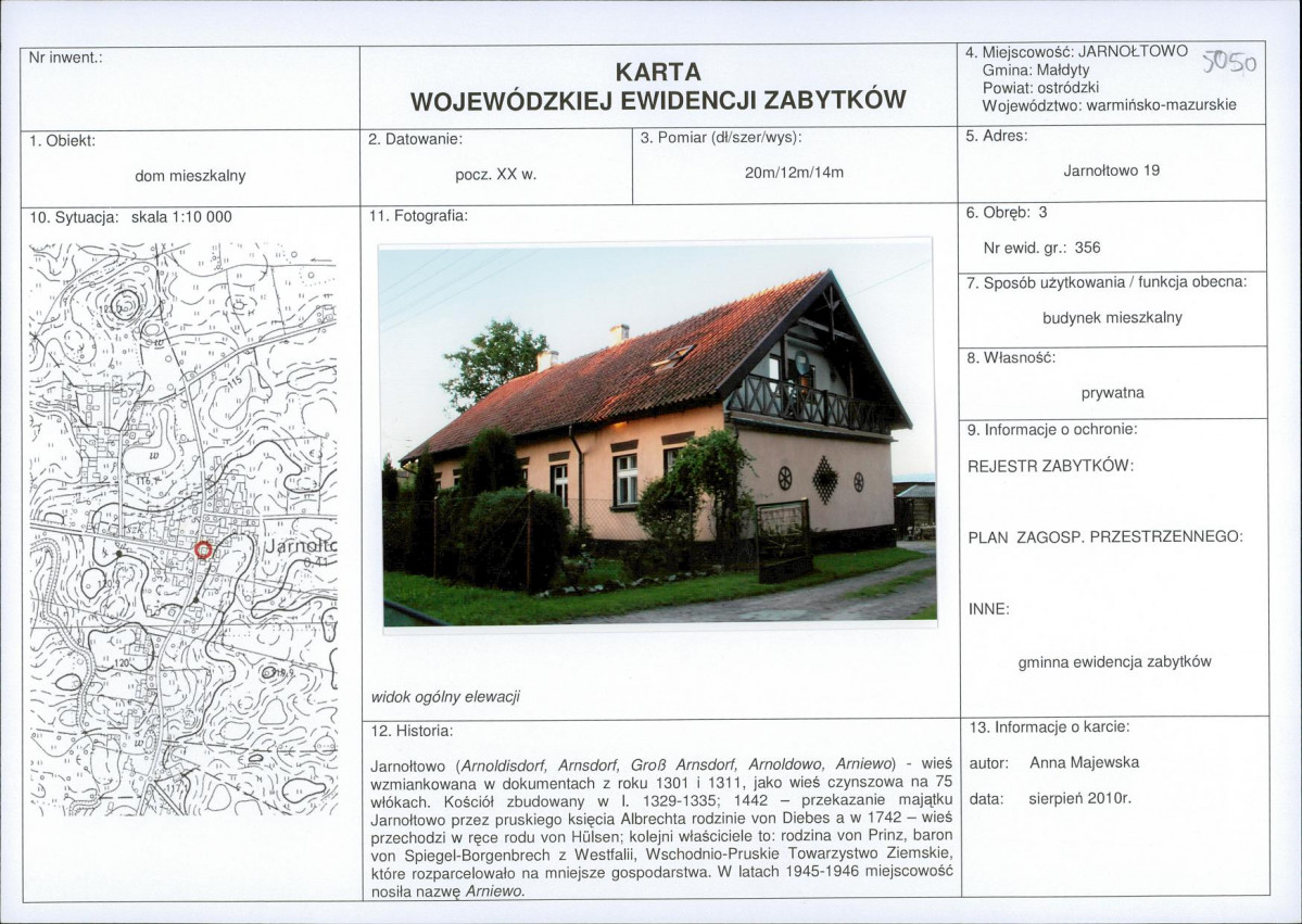 Karta obiektu niewpisanego do rejestru, skan nr 1