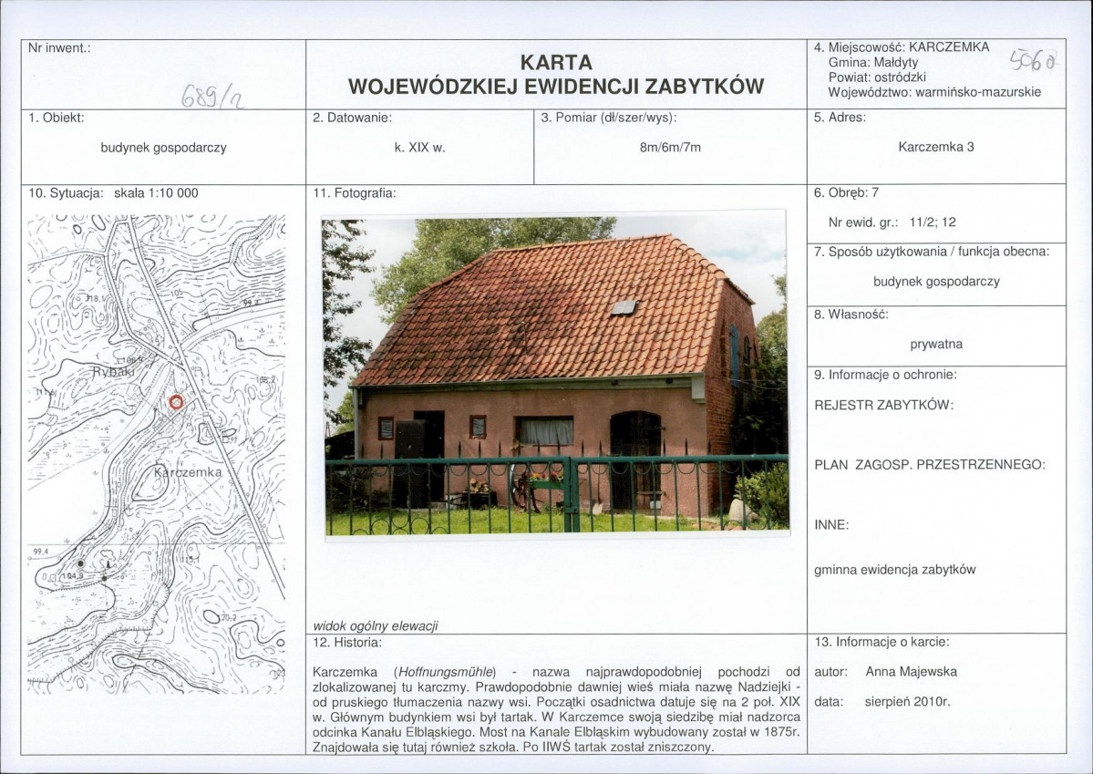 Karta obiektu niewpisanego do rejestru, skan nr 1