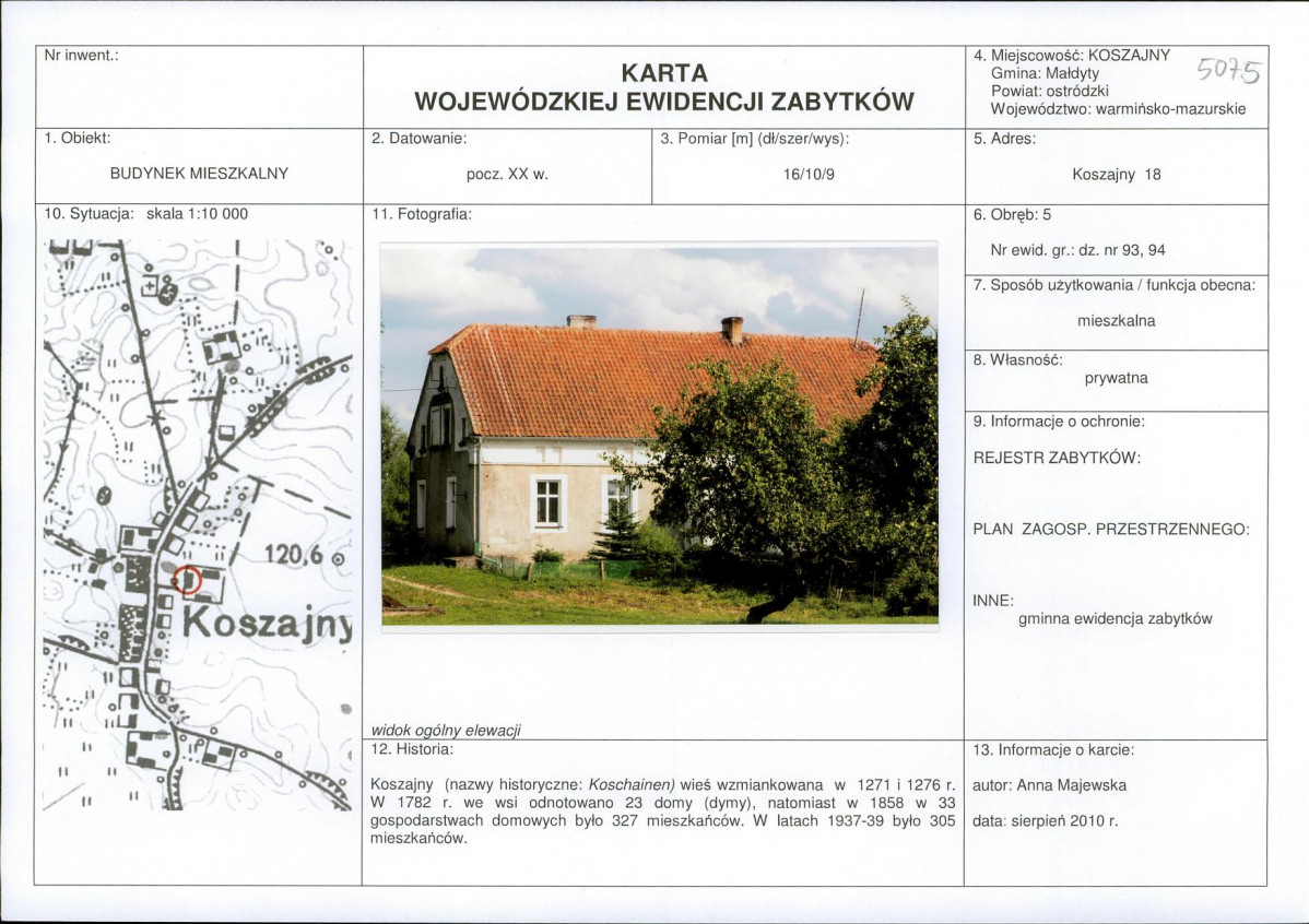 Karta obiektu niewpisanego do rejestru, skan nr 1