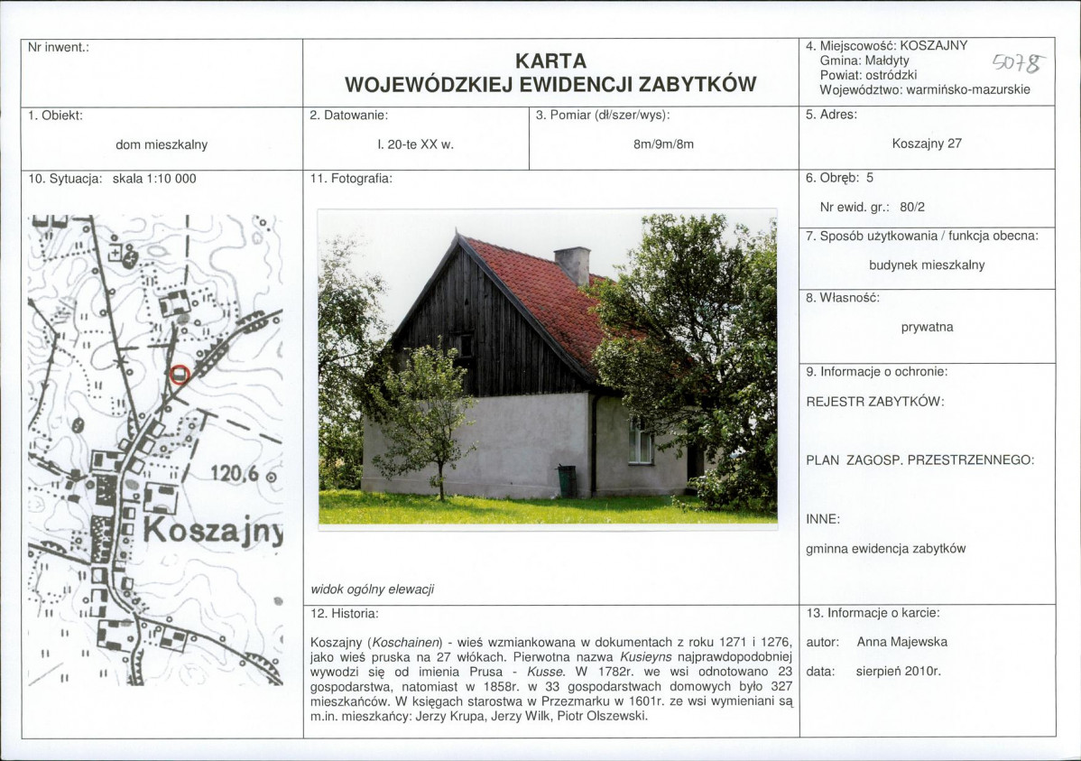 Karta obiektu niewpisanego do rejestru, skan nr 1