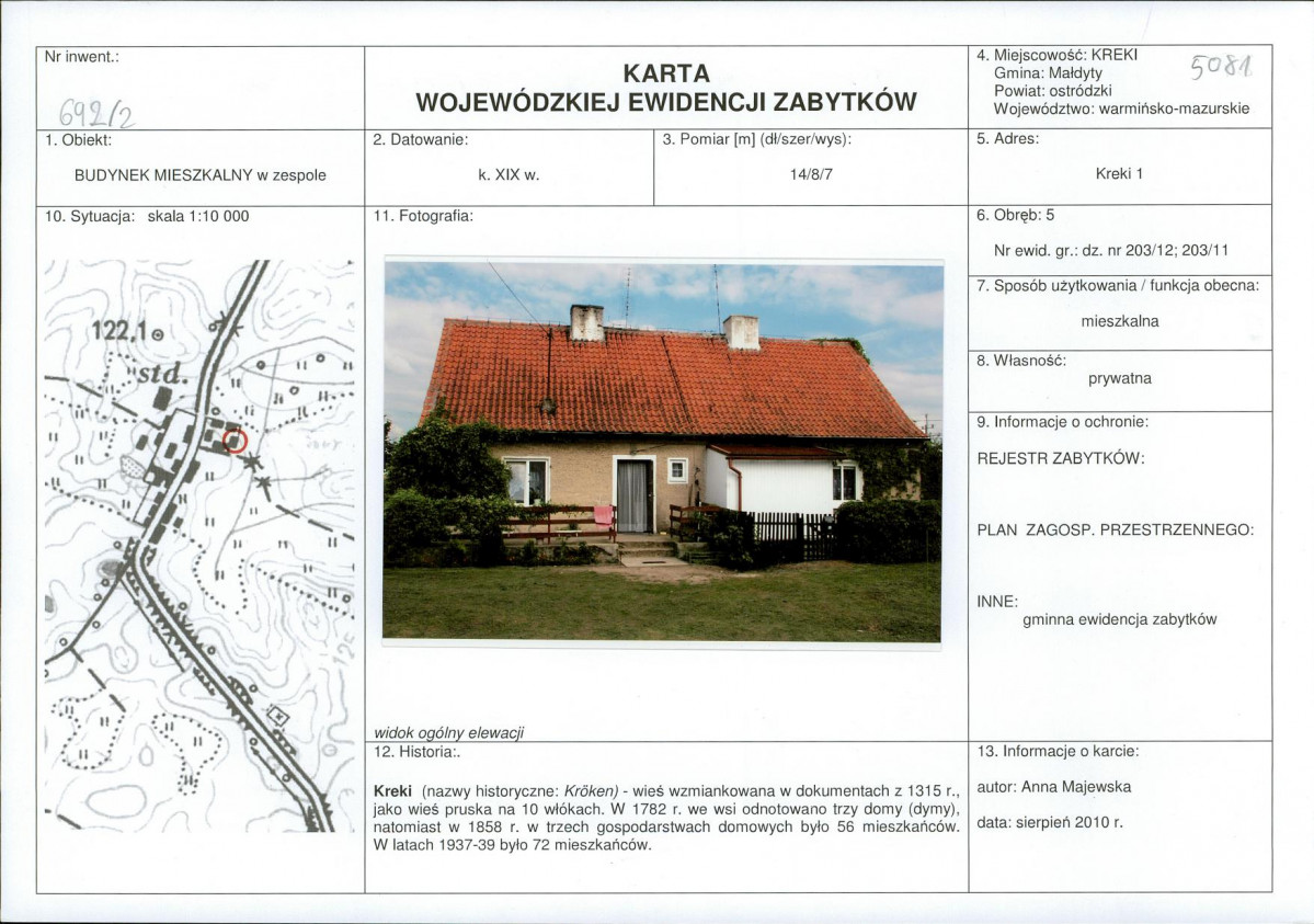 Karta obiektu niewpisanego do rejestru, skan nr 1