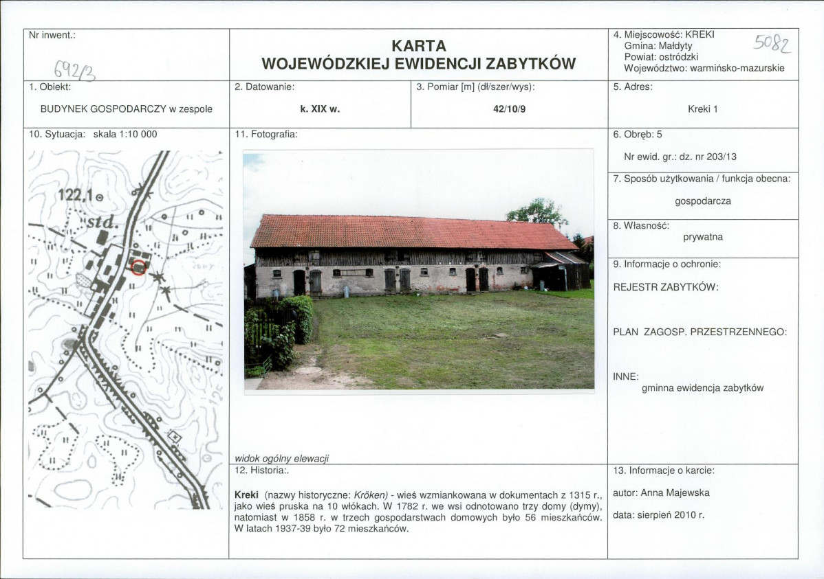 Karta obiektu niewpisanego do rejestru, skan nr 1