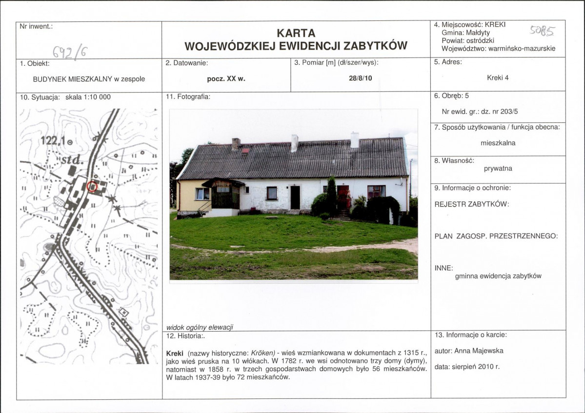Karta obiektu niewpisanego do rejestru, skan nr 1