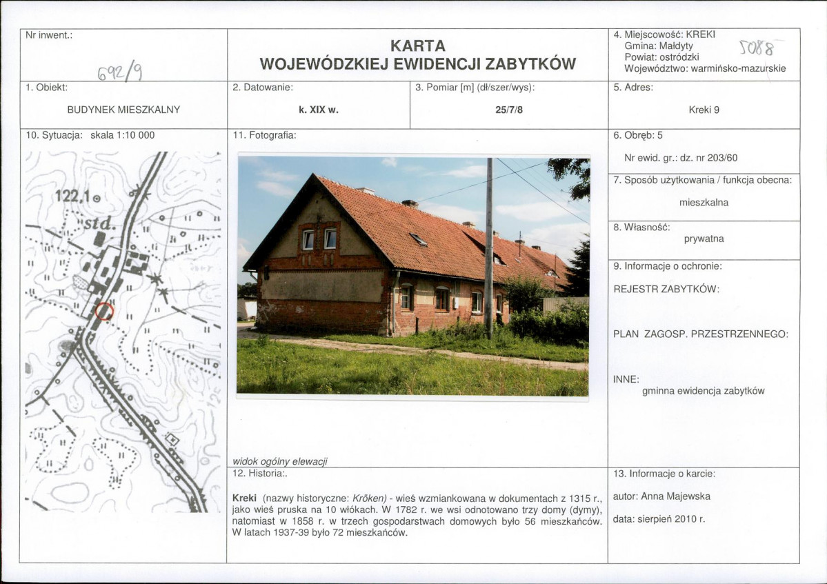 Karta obiektu niewpisanego do rejestru, skan nr 1
