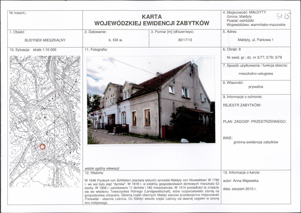 Karta obiektu niewpisanego do rejestru, skan nr 1
