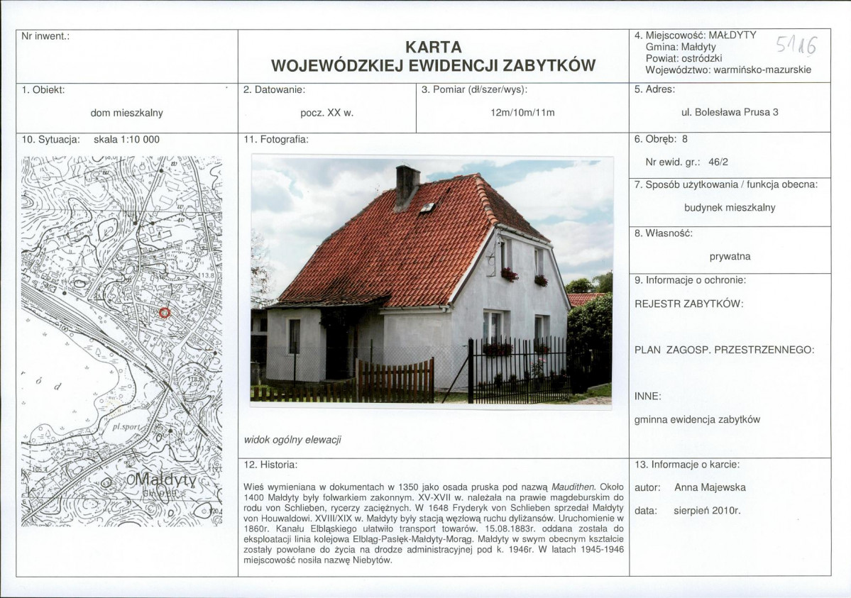 Karta obiektu niewpisanego do rejestru, skan nr 1