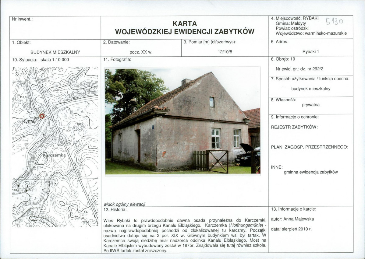Karta obiektu niewpisanego do rejestru, skan nr 1