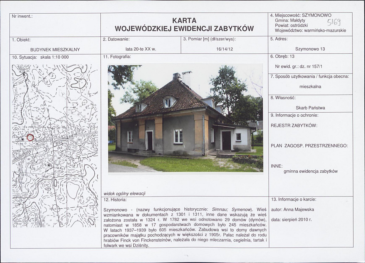 Karta obiektu niewpisanego do rejestru, skan nr 1