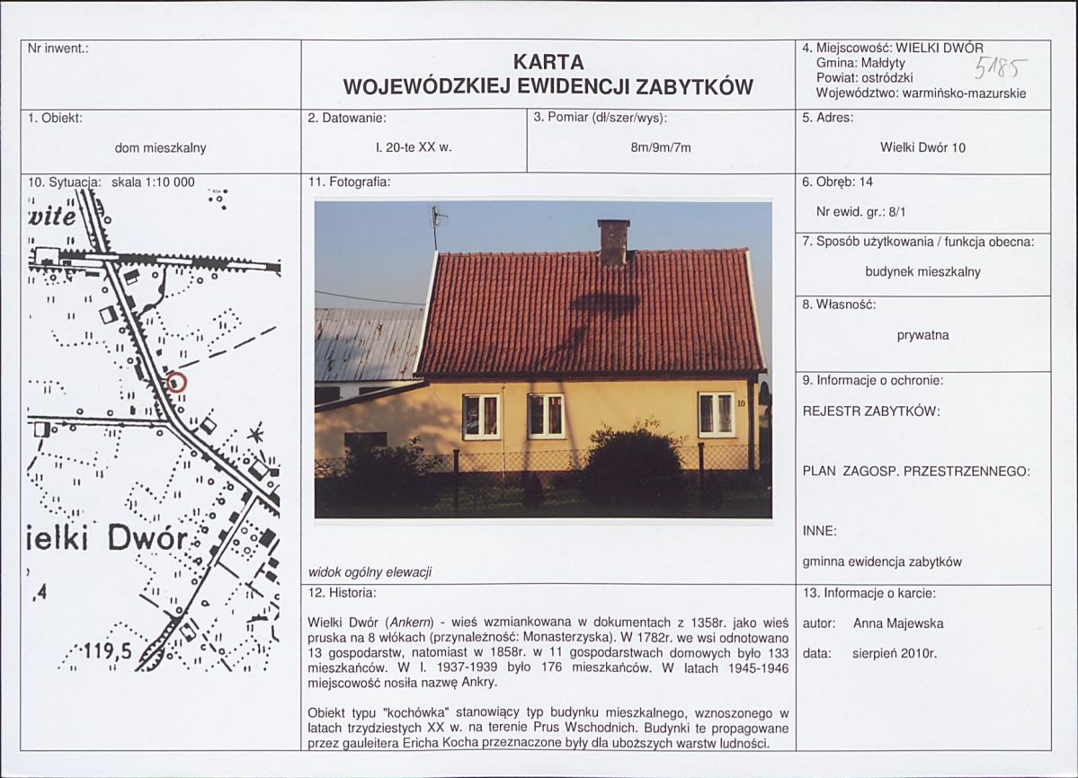 Karta obiektu niewpisanego do rejestru, skan nr 1