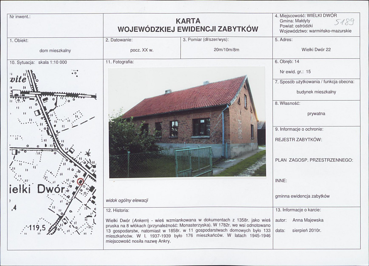Karta obiektu niewpisanego do rejestru, skan nr 1