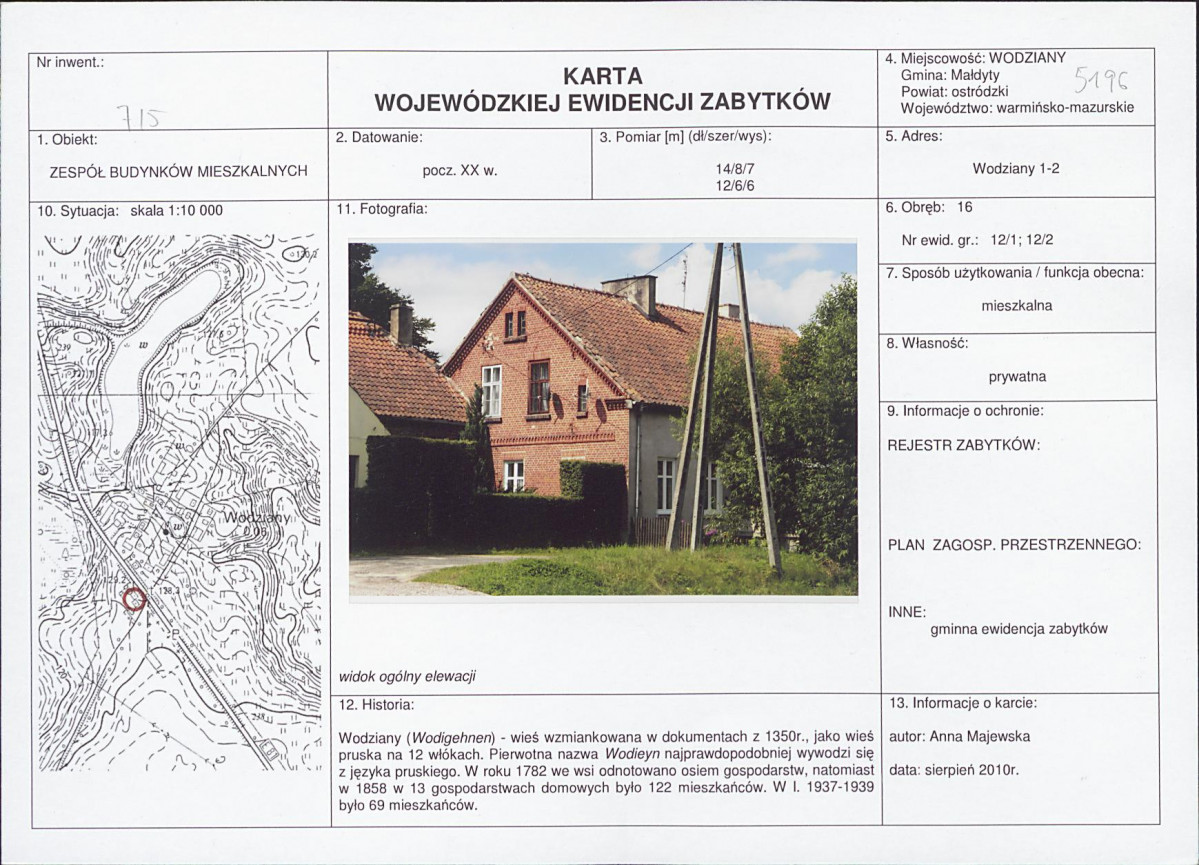 Karta obiektu niewpisanego do rejestru, skan nr 1